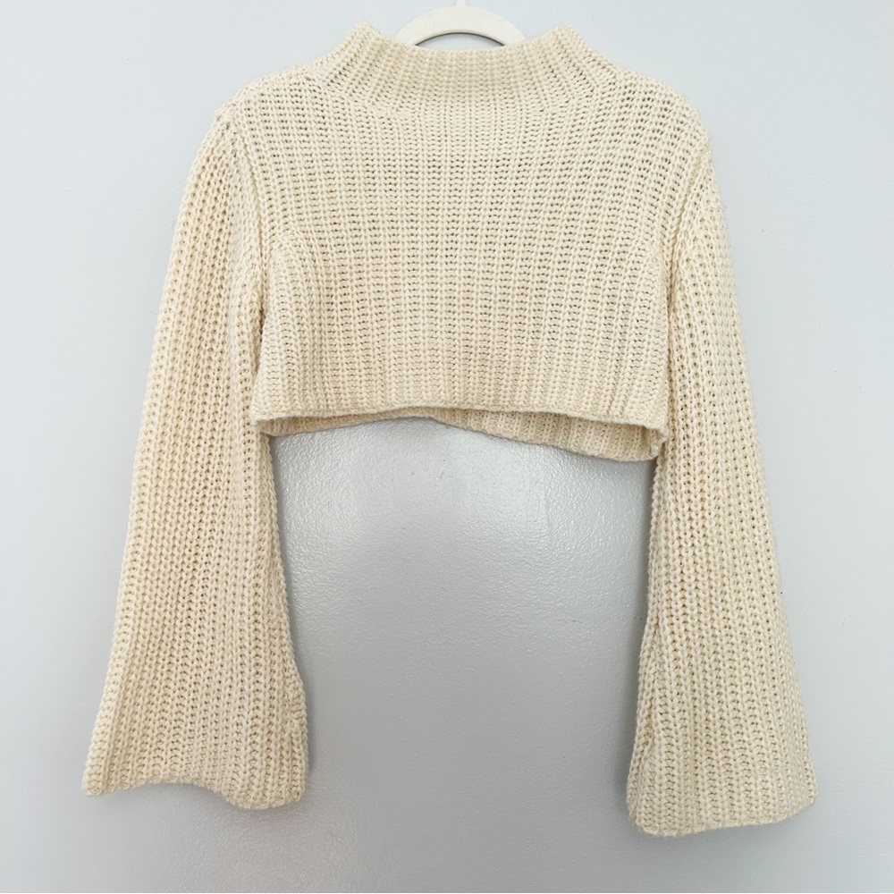 Cream Colored Mock Neck Super Cropped Cardigan Shrug with Flare Sleeves | Size S